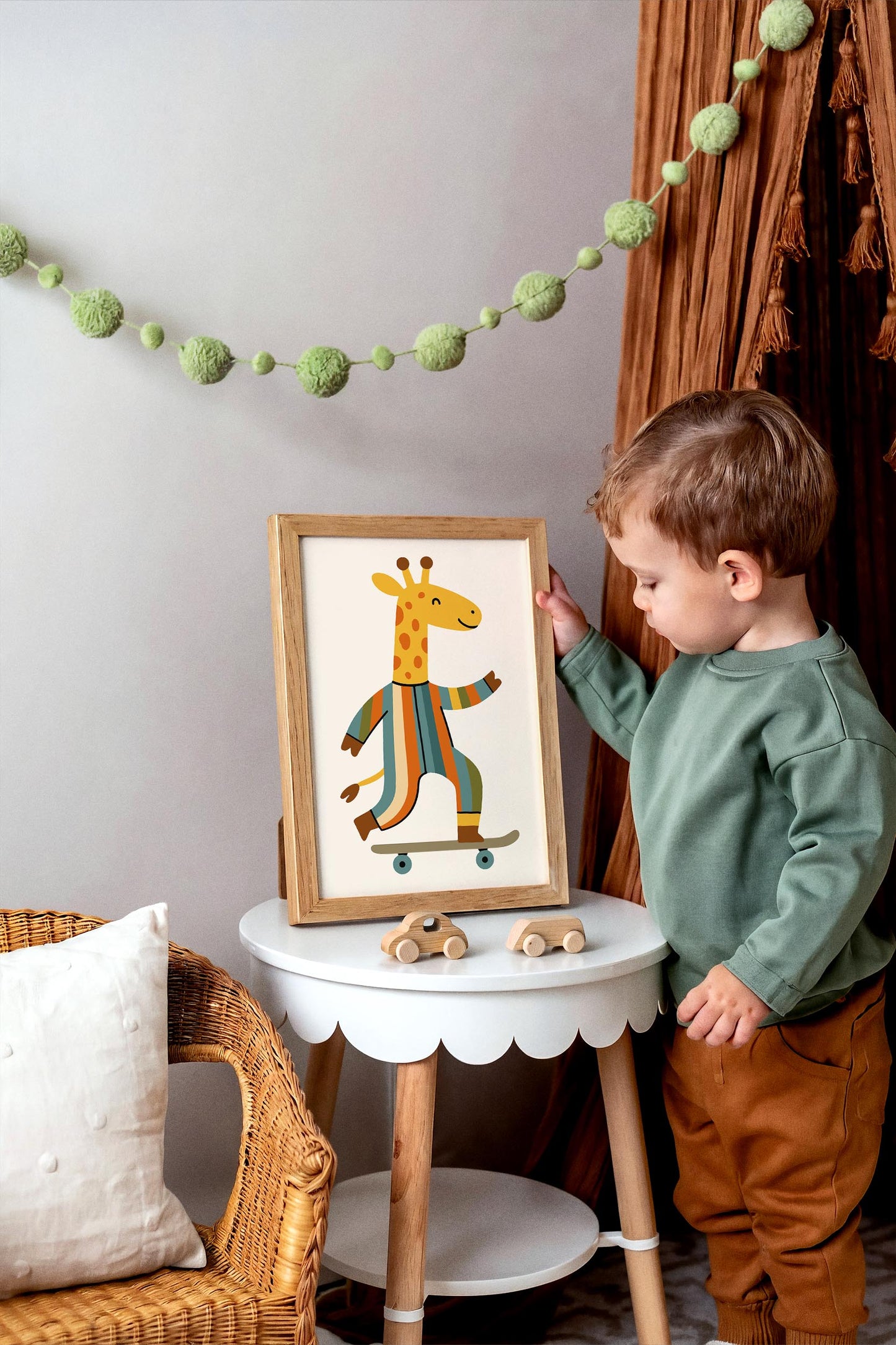 Whimsical Giraffe on Skateboard Poster - Kids Room Wall Art