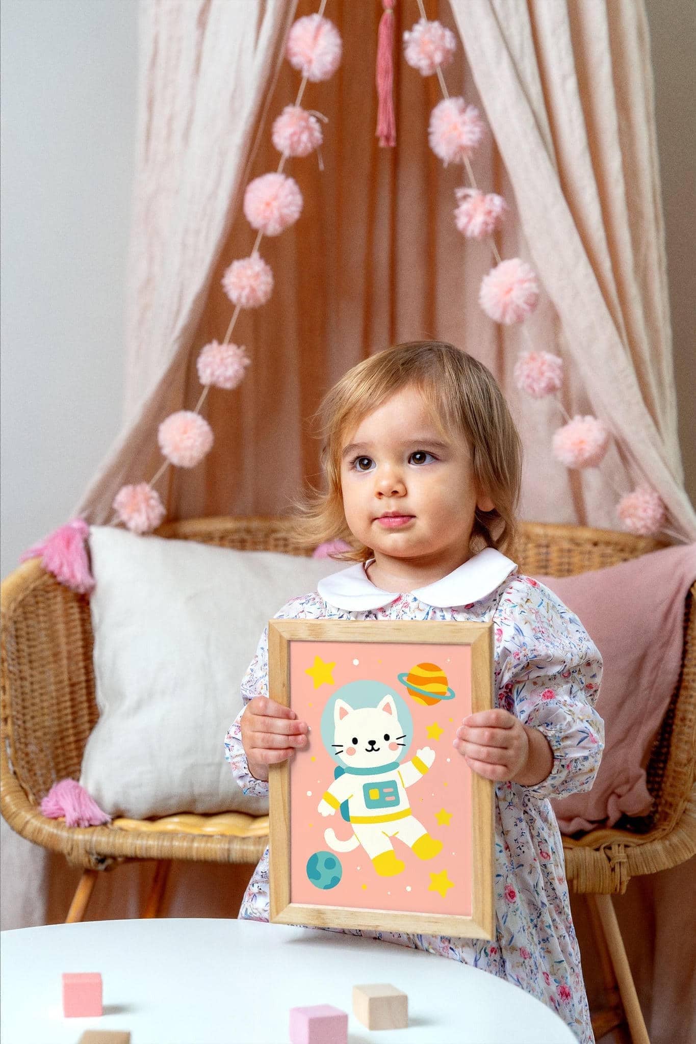 Cute Cat Astronaut Art Print – Kids Space Decor