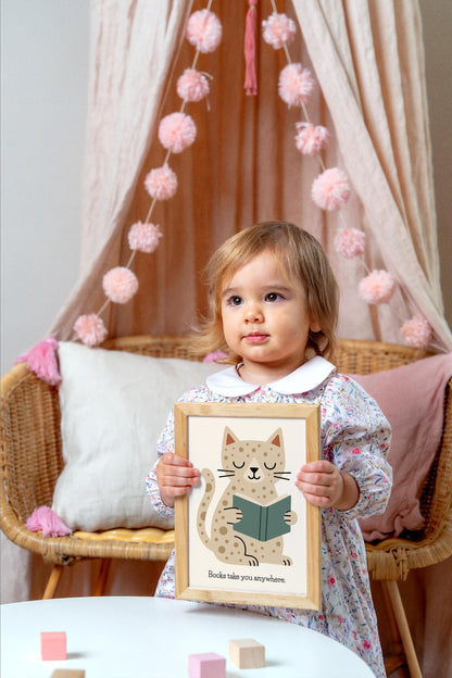 Reading Cat Print - Cute Kids Wall Art