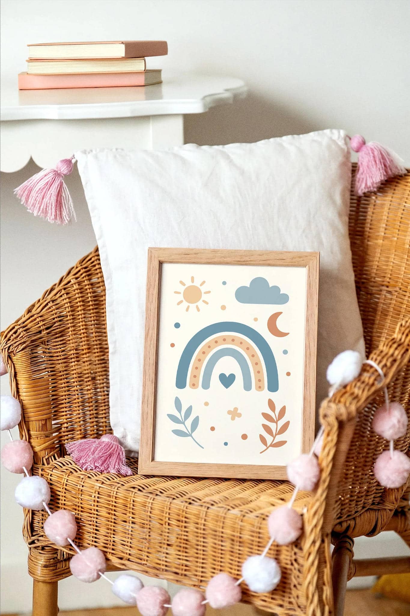Blue Beige Rainbow Print – Sun Moon Cloud & Heart Art