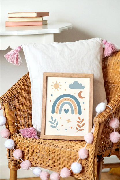 Blue Beige Rainbow Print – Sun Moon Cloud & Heart Art