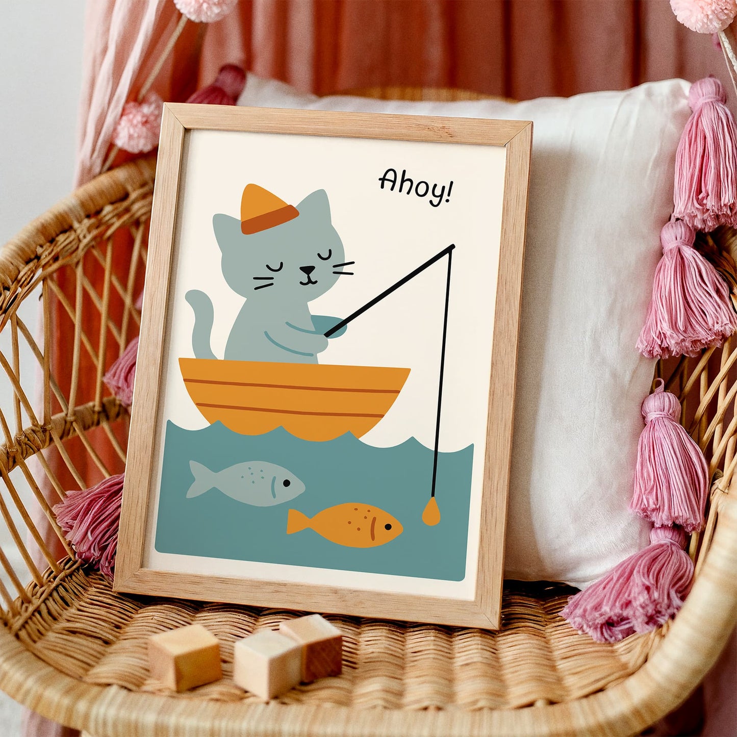 Ahoy Cat Poster - Cute Fishing Kids Room Wall Art