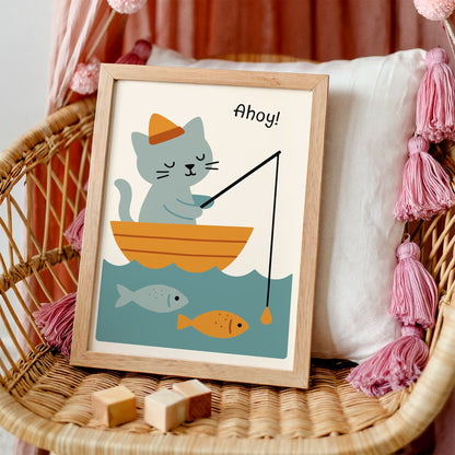 Ahoy Cat Poster - Cute Fishing Kids Room Wall Art