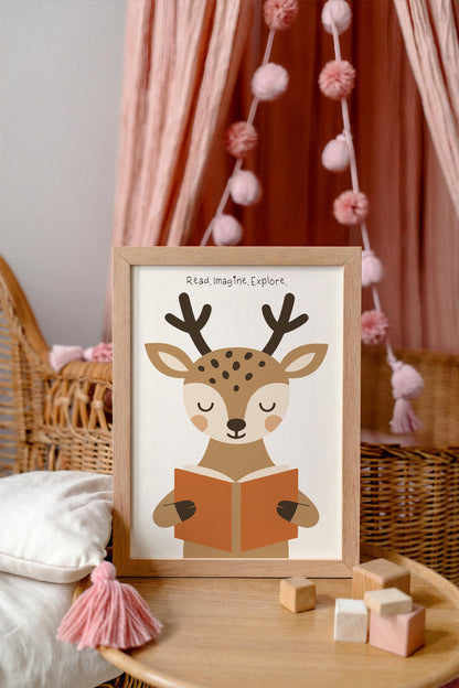 Reading Deer Print - Cute Kids Wall Art