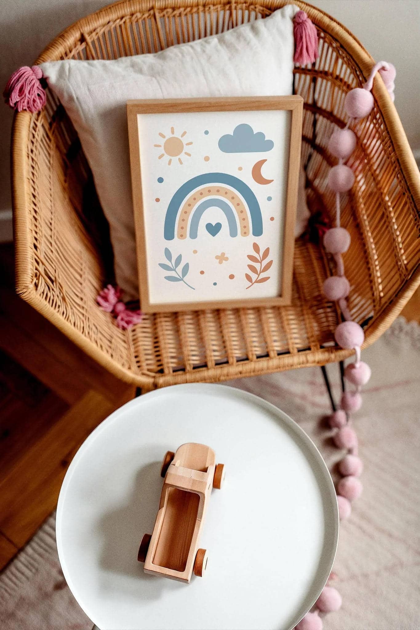 Blue Beige Rainbow Print – Sun Moon Cloud & Heart Art