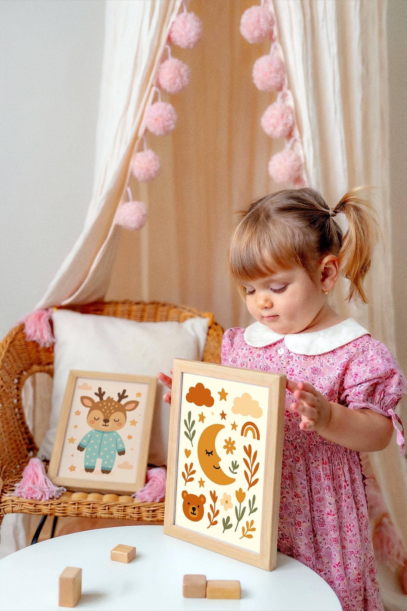 Boho Bear & Moon Poster – Floral Wall Art