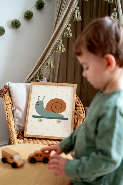 Skateboarding Snail Print - Scandinavian Kids Wall Art