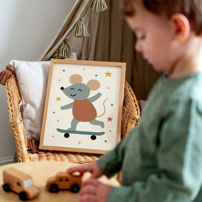Cute Mouse Skateboarding Art Print – Kids Room Decor