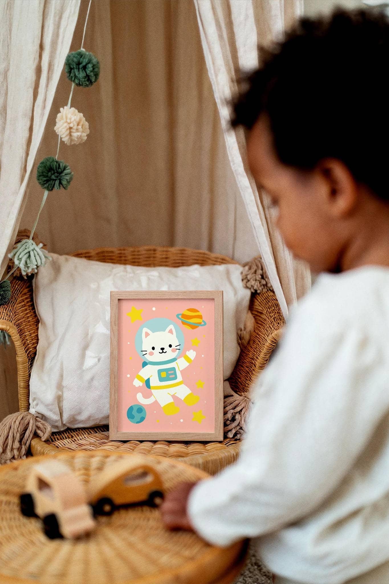 Cute Cat Astronaut Art Print – Kids Space Decor