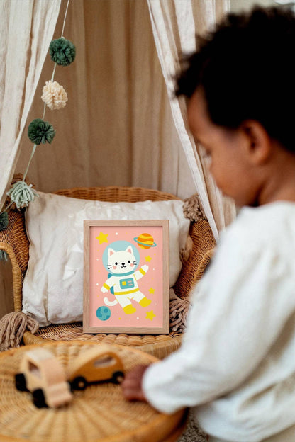 Cute Cat Astronaut Art Print – Kids Space Decor