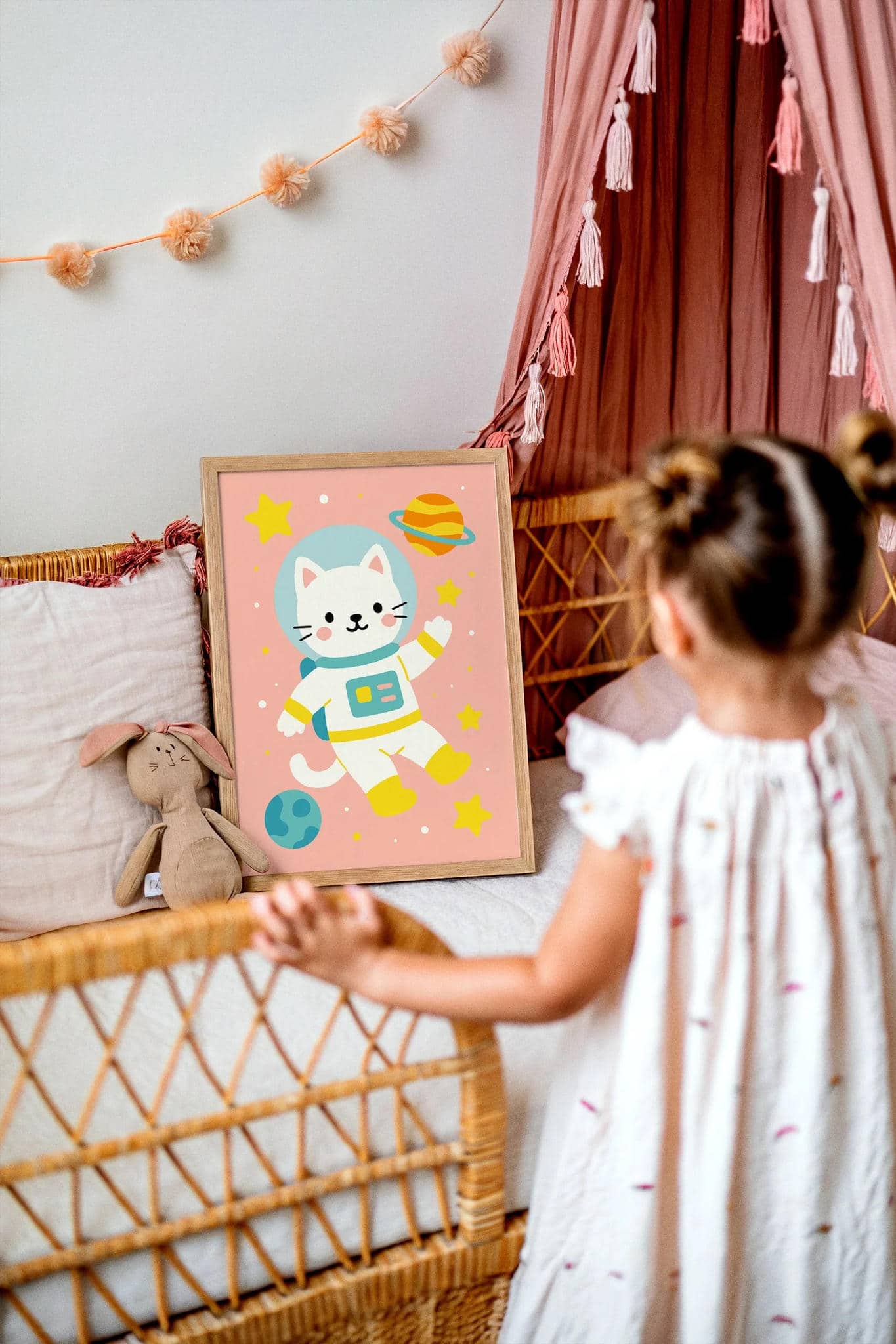 Cute Cat Astronaut Art Print – Kids Space Decor