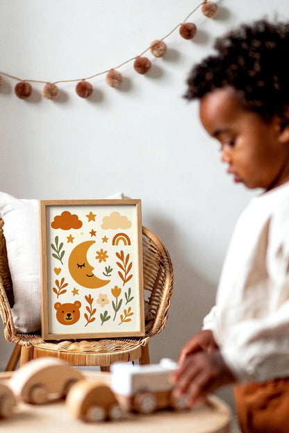 Boho Bear & Moon Poster – Floral Wall Art