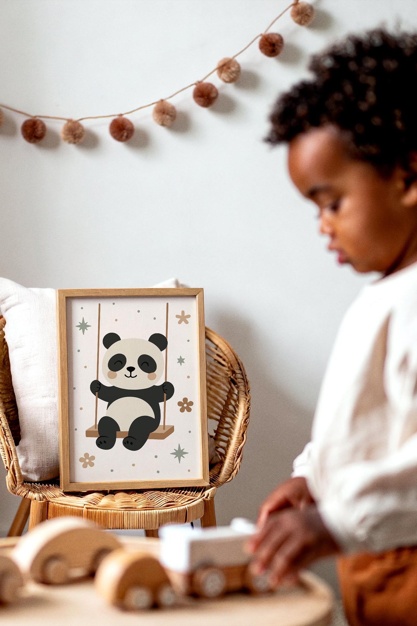 Panda on Swing Print - Cute Kids Wall Art