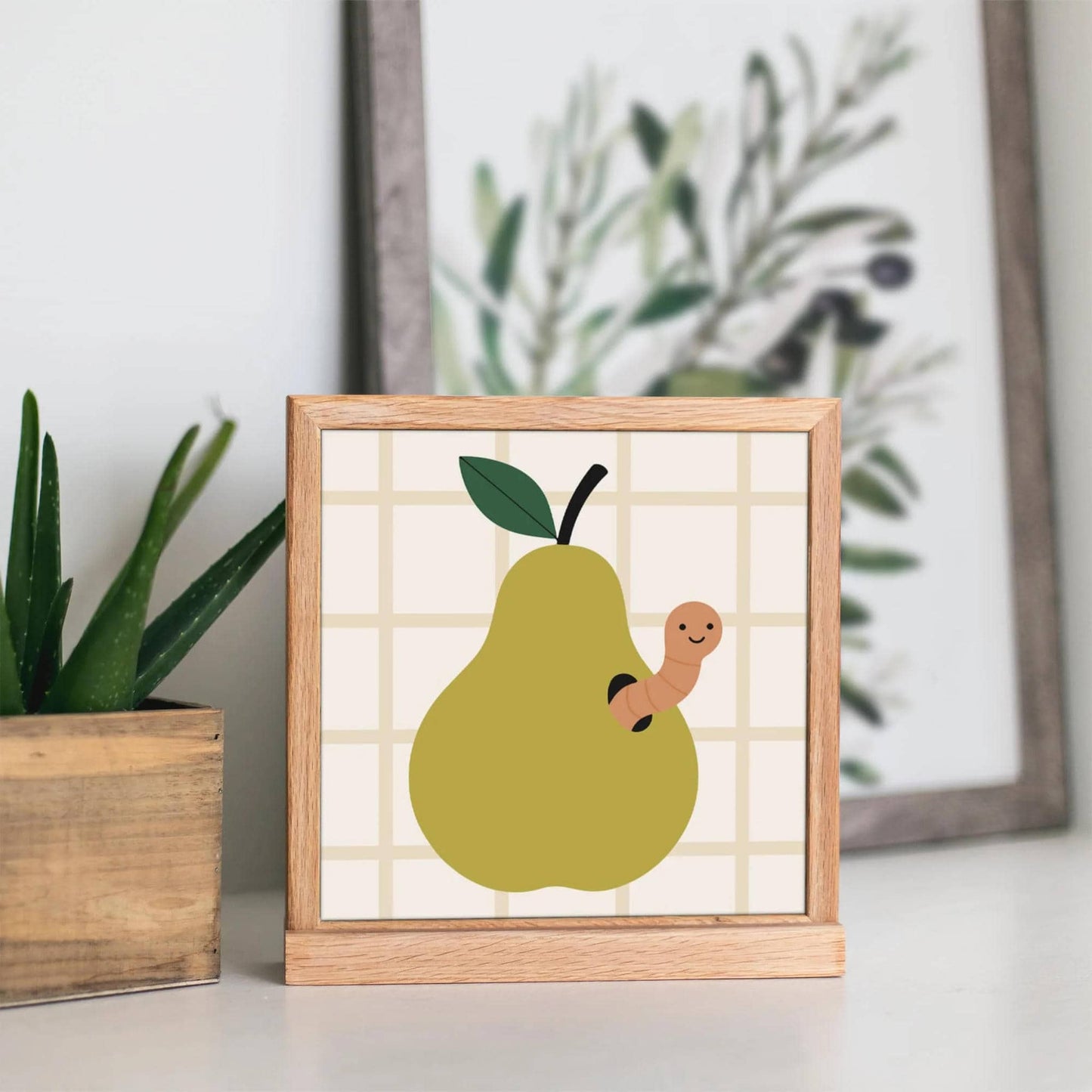 Green Pear with a Worm Poster – Square Art Print