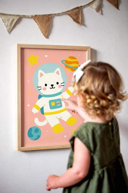 Cute Cat Astronaut Art Print – Kids Space Decor