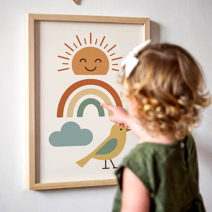 Cute Sun, Rainbow and Bird Poster - Kids Room Wall Decor