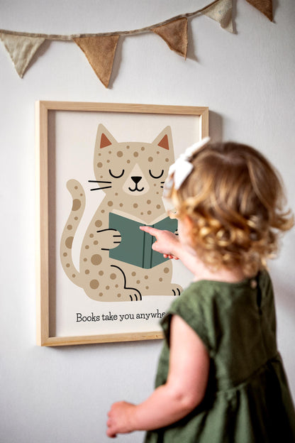 Reading Cat Print - Cute Kids Wall Art