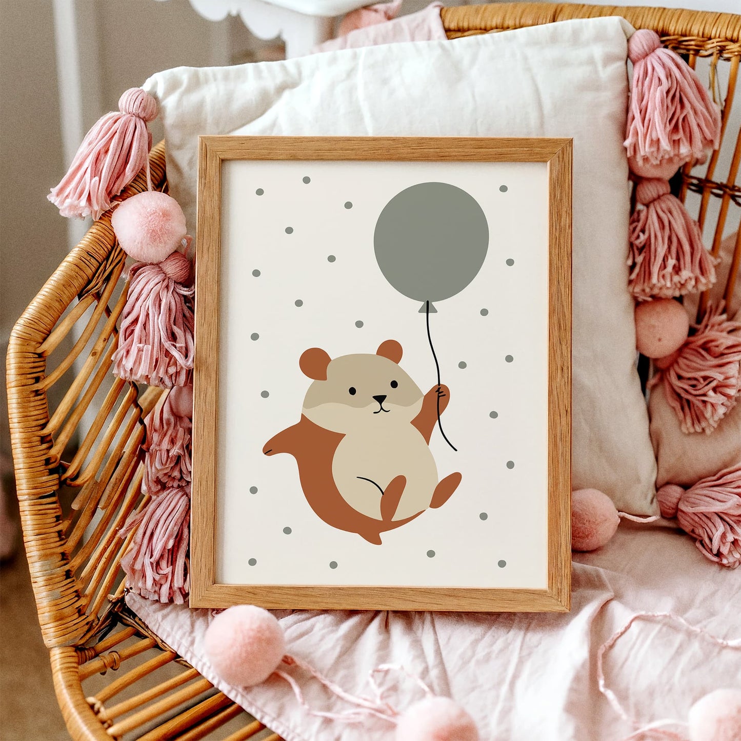 Funny Hamster Flying on Baloon Art Print - Kids room decor