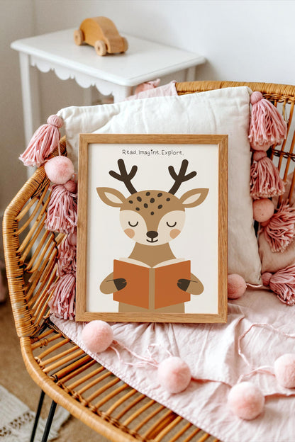 Reading Deer Print - Cute Kids Wall Art