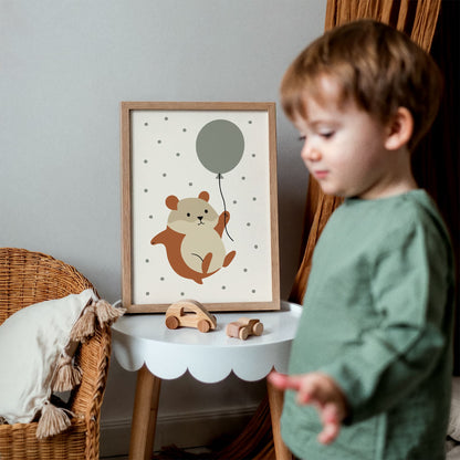 Funny Hamster Flying on Baloon Art Print - Kids room decor