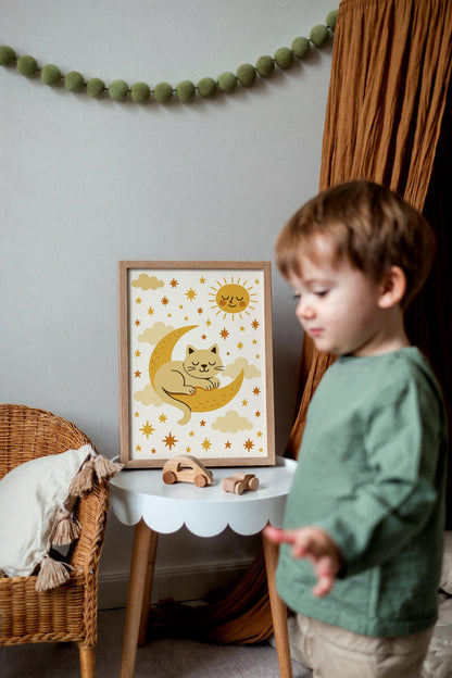 Sleeping Cat on the Moon Poster - Kids Room Wall Art