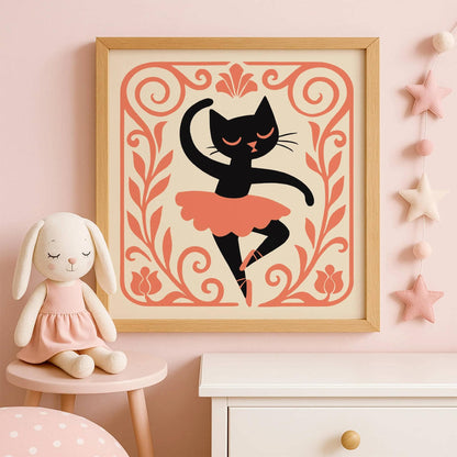 Cat Ballerina Art Print – Peach Tones, Square Wall Decor