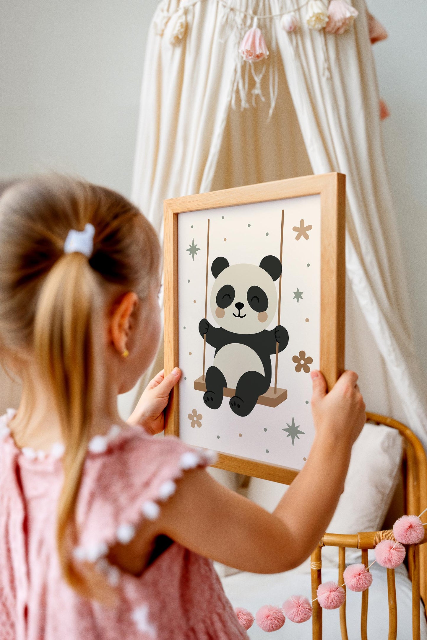 Panda on Swing Print - Cute Kids Wall Art
