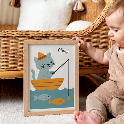 Ahoy Cat Poster - Cute Fishing Kids Room Wall Art