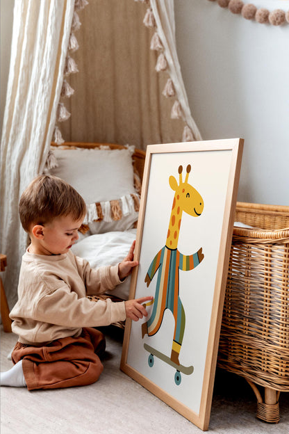 Whimsical Giraffe on Skateboard Poster - Kids Room Wall Art