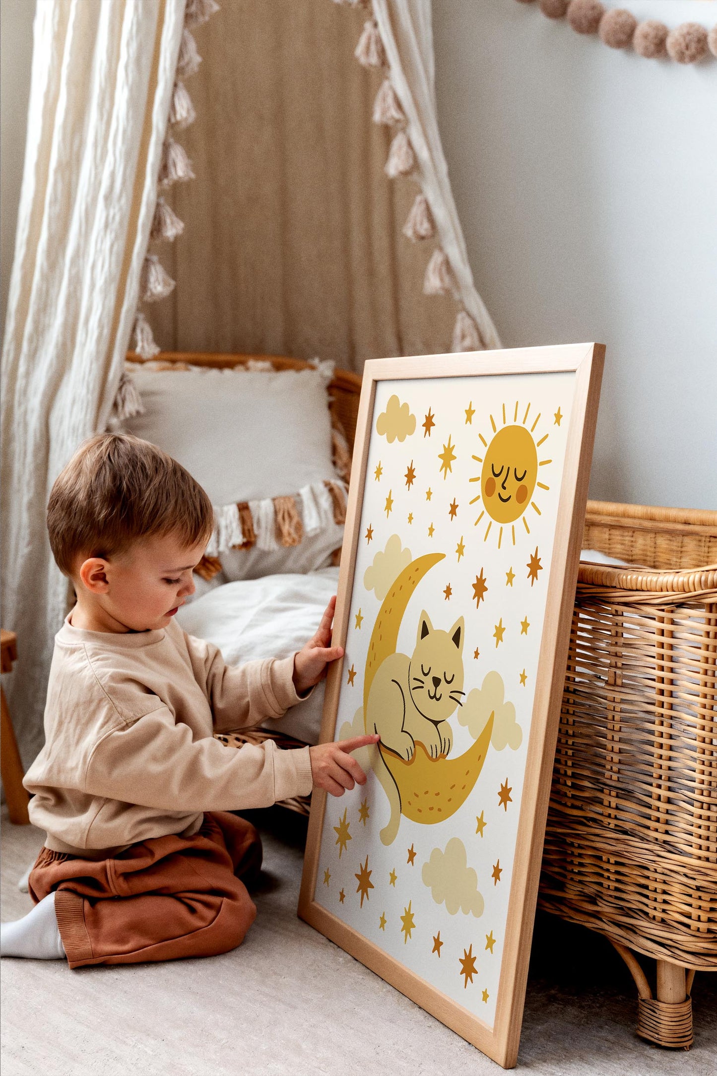 Sleeping Cat on the Moon Poster - Kids Room Wall Art