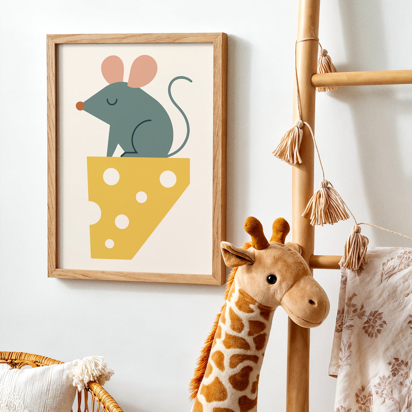 Little Mouse on Cheese – Whimsical Animal Art Print for Kids
