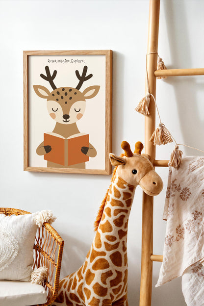 Reading Deer Print - Cute Kids Wall Art