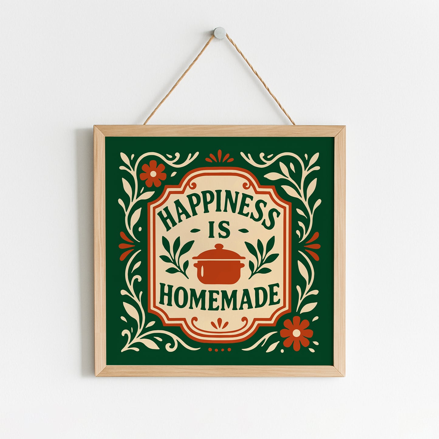 Happiness is Homade Square Art Print - Kitchen Green Wall Art