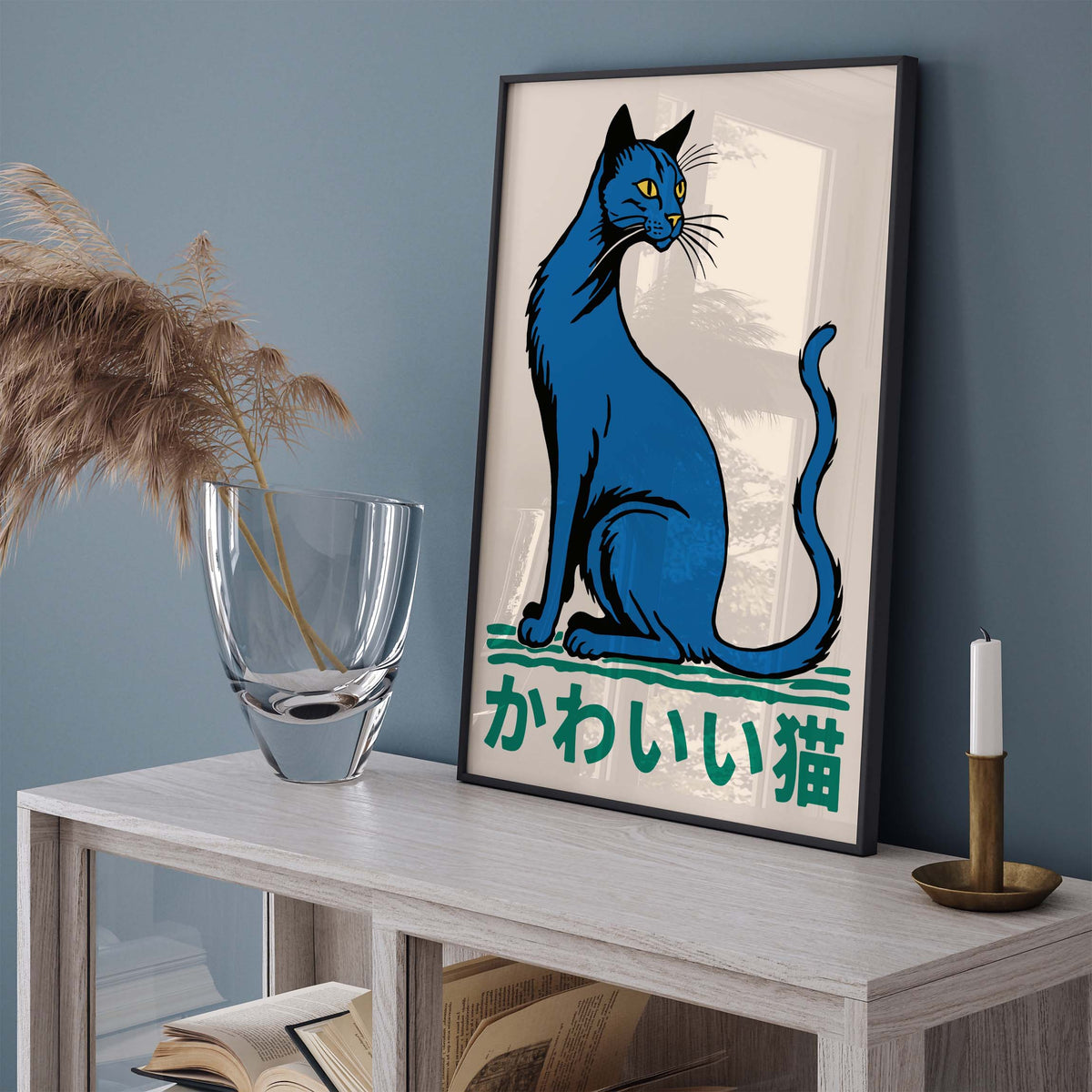 Blue Japanese Cat Print