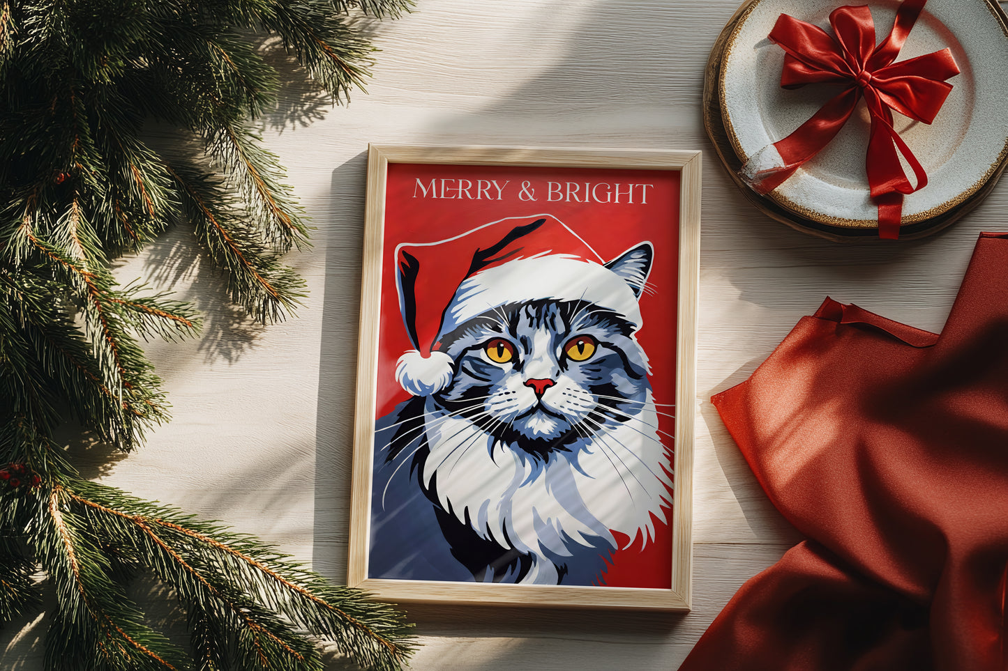 Santa Cute Cat Red Christmas Print