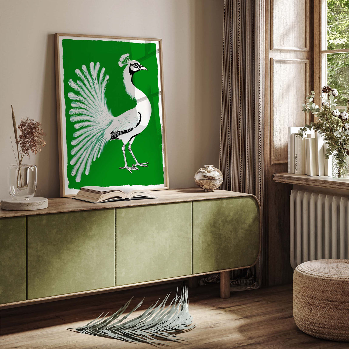 Retro Peacock Botanical Bird Wall Print
