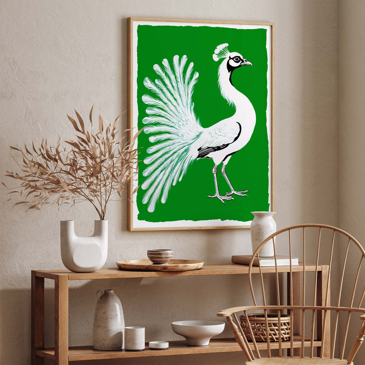 Retro Peacock Botanical Bird Wall Print
