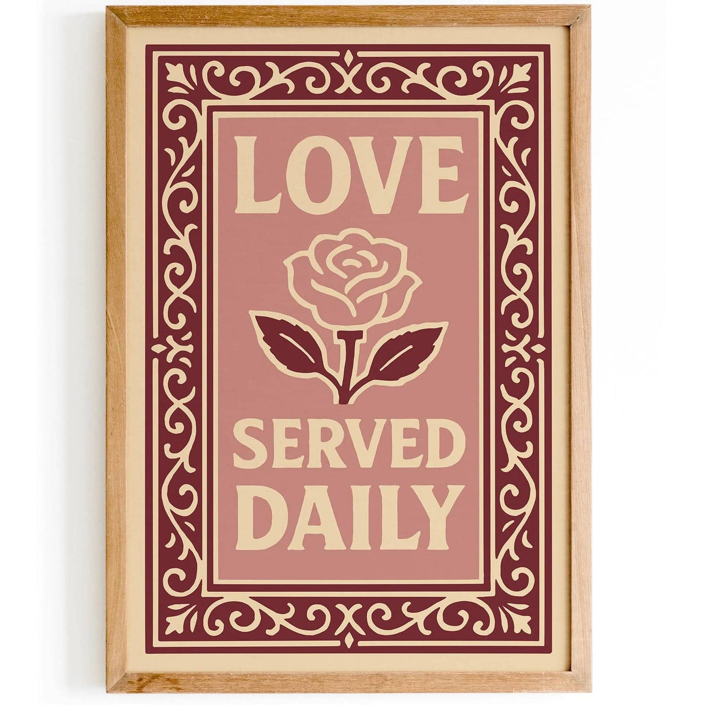 Love Served Daily Poster, Pink Quote Kitchen Print