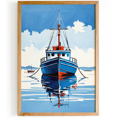 Boat On Ocean Blue Painting Print