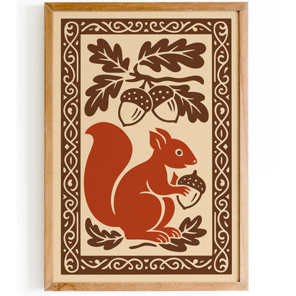 Autumn Squirrel Folk Art Print - Fall Woodcut Style Wall Decor Poster