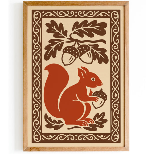 Autumn Squirrel Folk Art Print - Fall Woodcut Style Wall Decor Poster