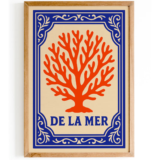 De La Mer Poster - Blue & Coral Orange Nautical Art Print