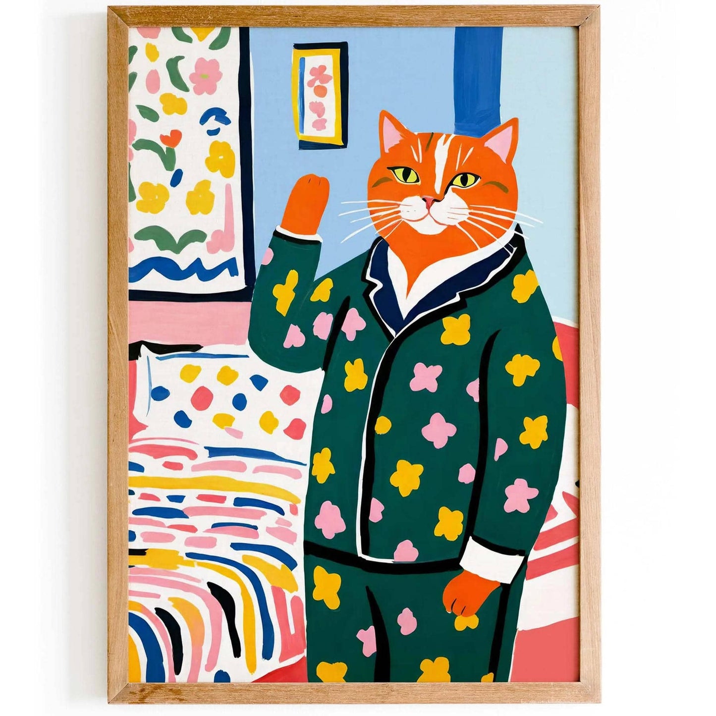 Floral Pajama Cat Wall Art Print