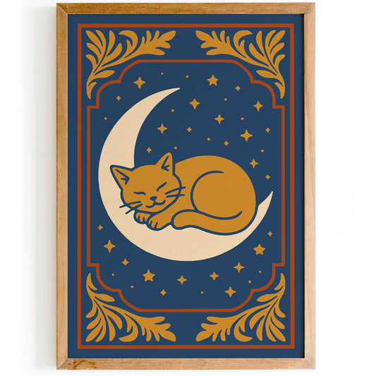 Sleeping Cat on the Moon Poster - Bedroom Wall Decor