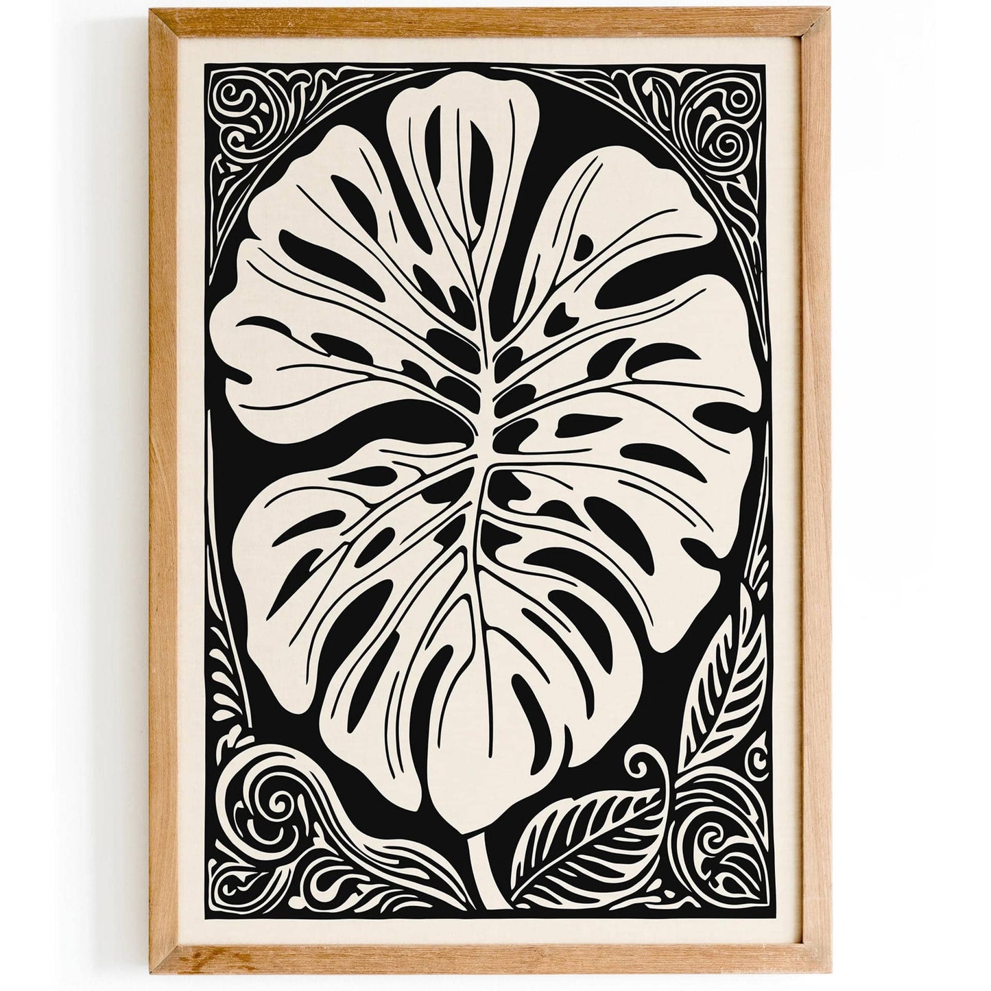 Black and White Rococo Monstera Leaf Poster