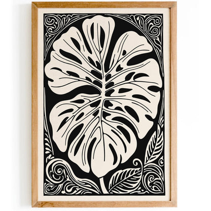 Black and White Rococo Monstera Leaf Poster