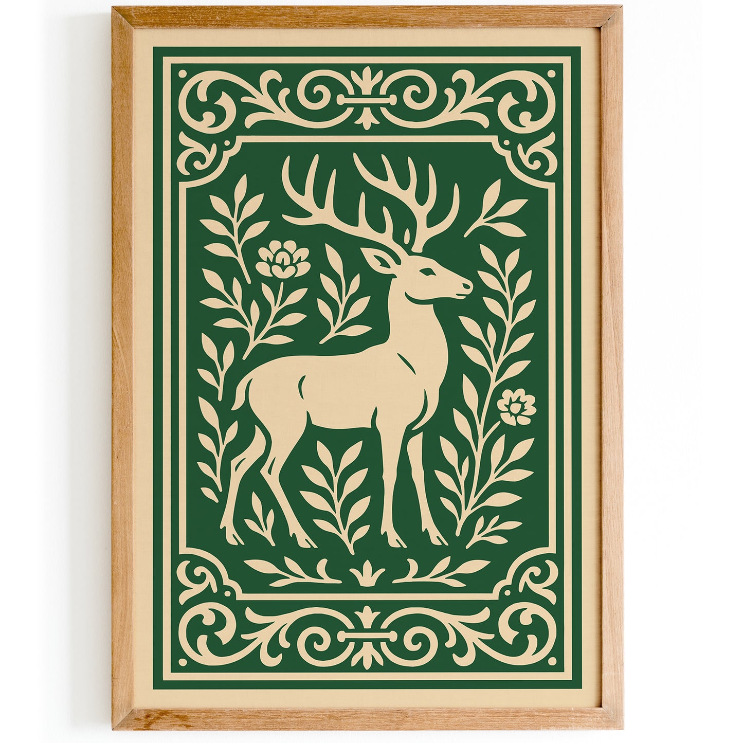 Green Linocut of Deer Poster