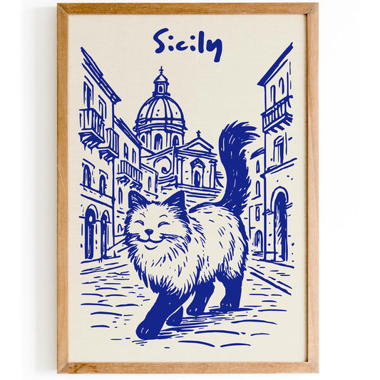 Sicily Blue Poster - Funny Cat Walking in Italy