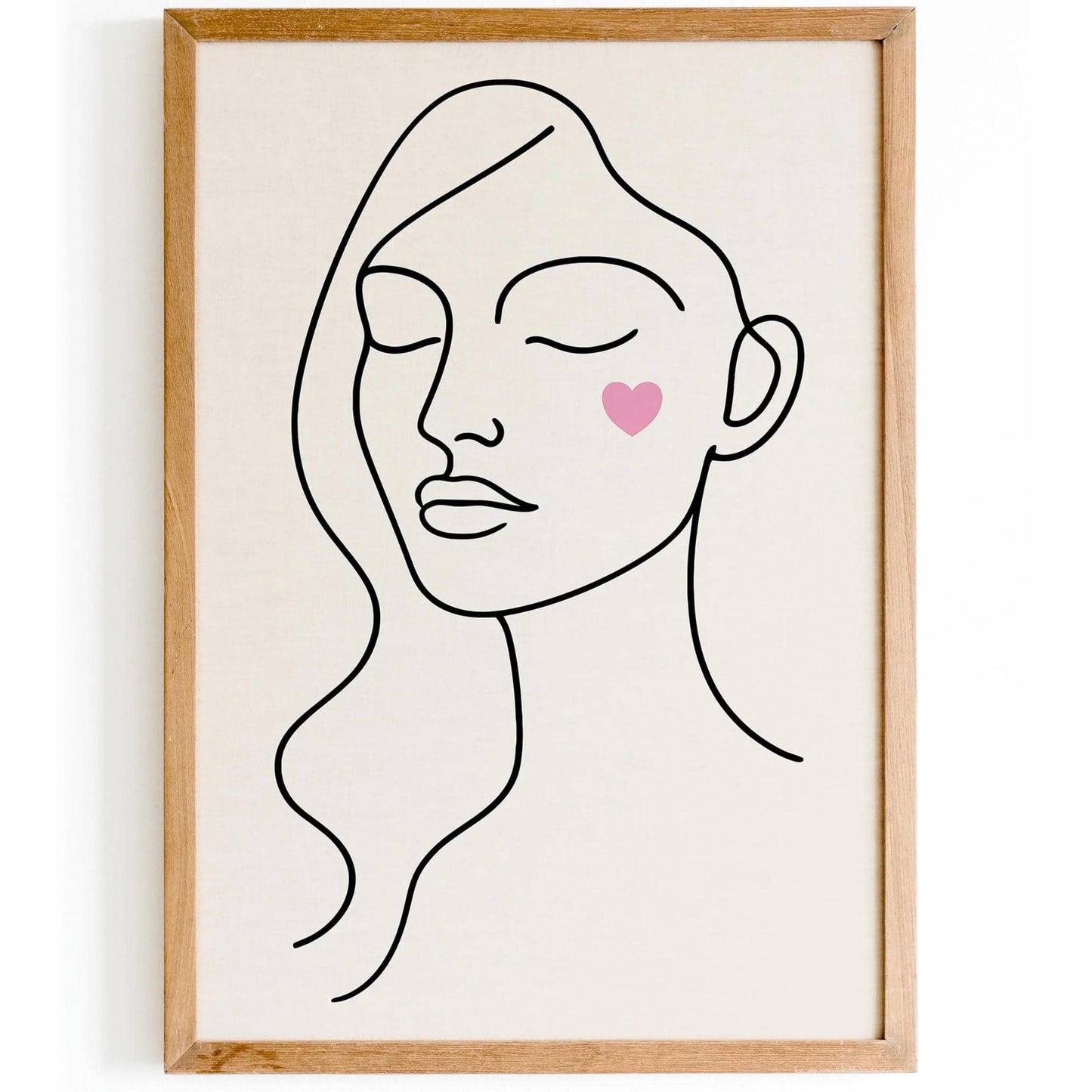 Line Art Cute Woman Portrait with Pink Heart on Cheek