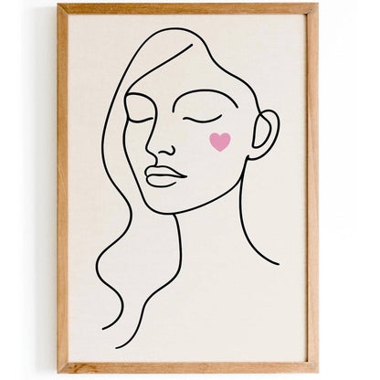 Line Art Cute Woman Portrait with Pink Heart on Cheek